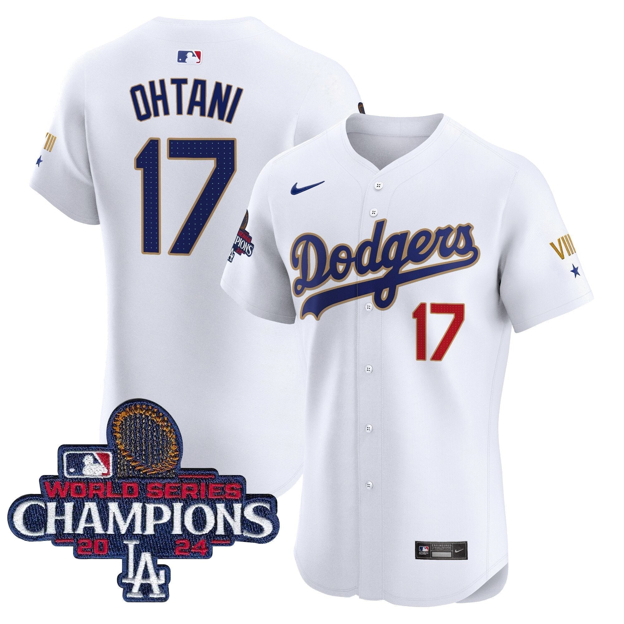 Dodgers 2024 World Series Champions Gold Trim Vapor Premier Elite Jersey V3 - All Stitched