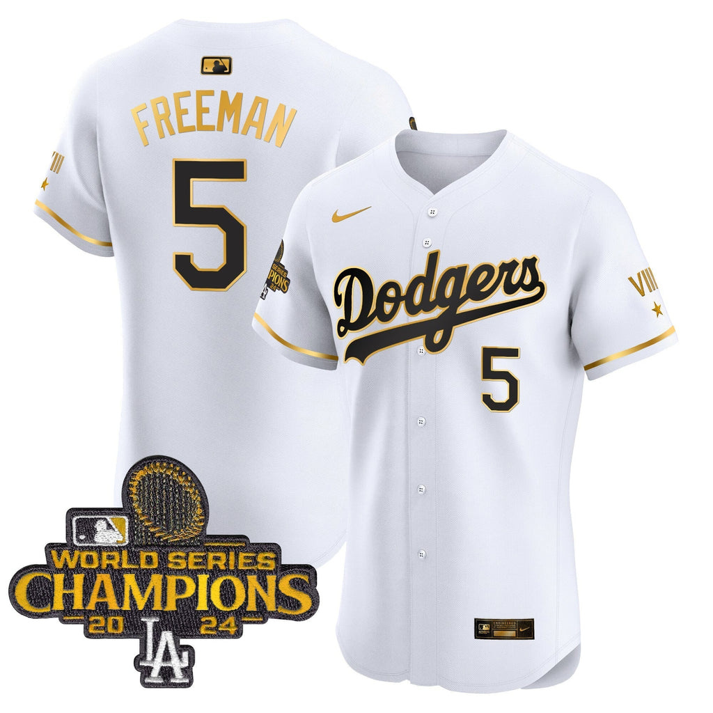 Dodgers 2024 World Series Champions Gold Trim Vapor Premier Elite Jersey V3 - All Stitched
