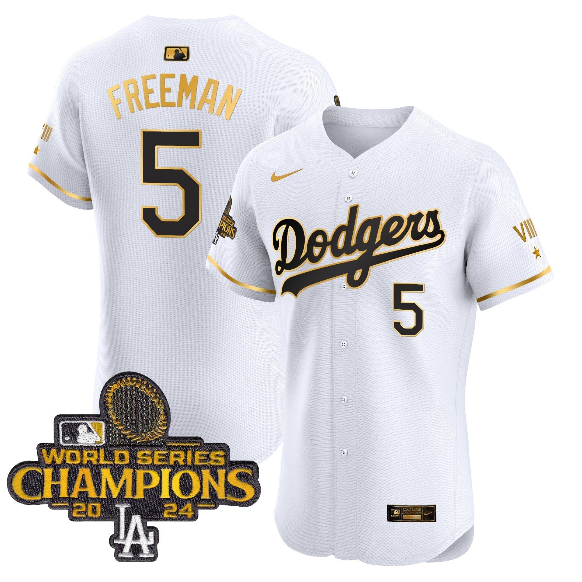 Dodgers 2024 World Series Champions Gold Trim Vapor Premier Elite Jersey V3 - All Stitched