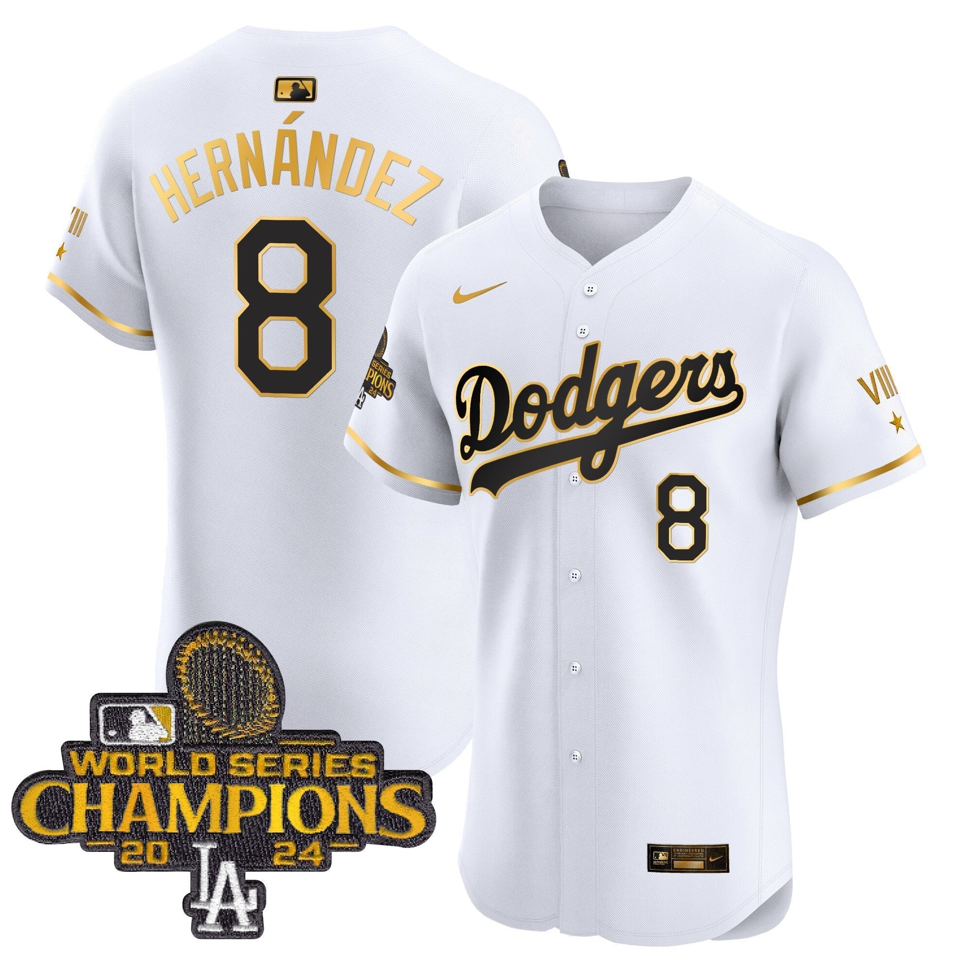 Dodgers 2024 World Series Champions Gold Trim Vapor Premier Elite Jersey V3 - All Stitched