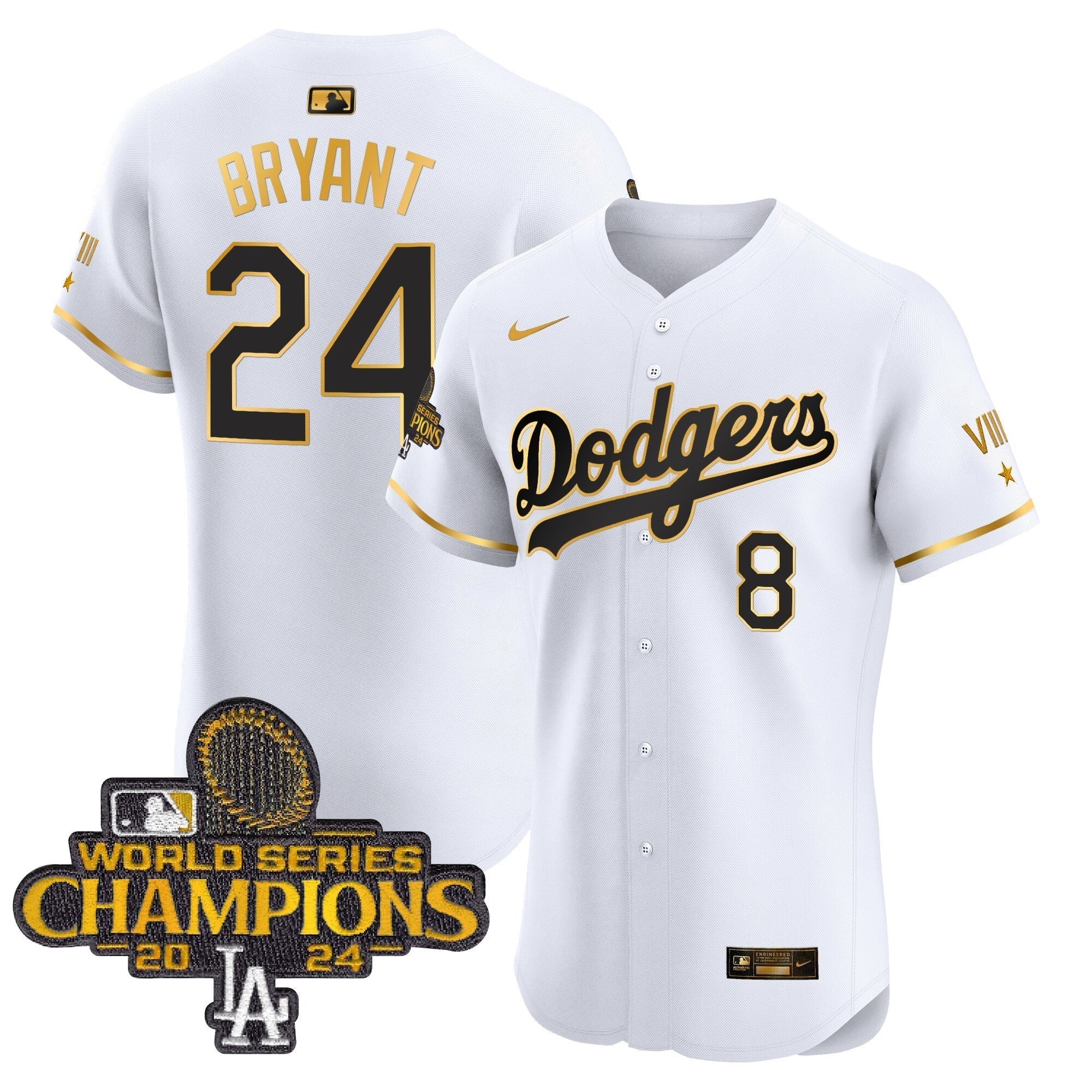 Dodgers 2024 World Series Champions Gold Trim Vapor Premier Elite Jersey V3 - All Stitched