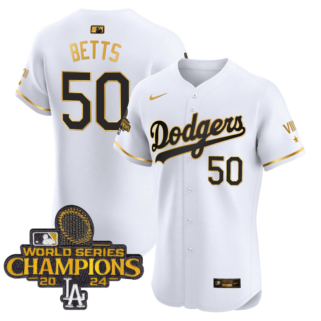 Dodgers 2024 World Series Champions Gold Trim Vapor Premier Elite Jersey V3 - All Stitched