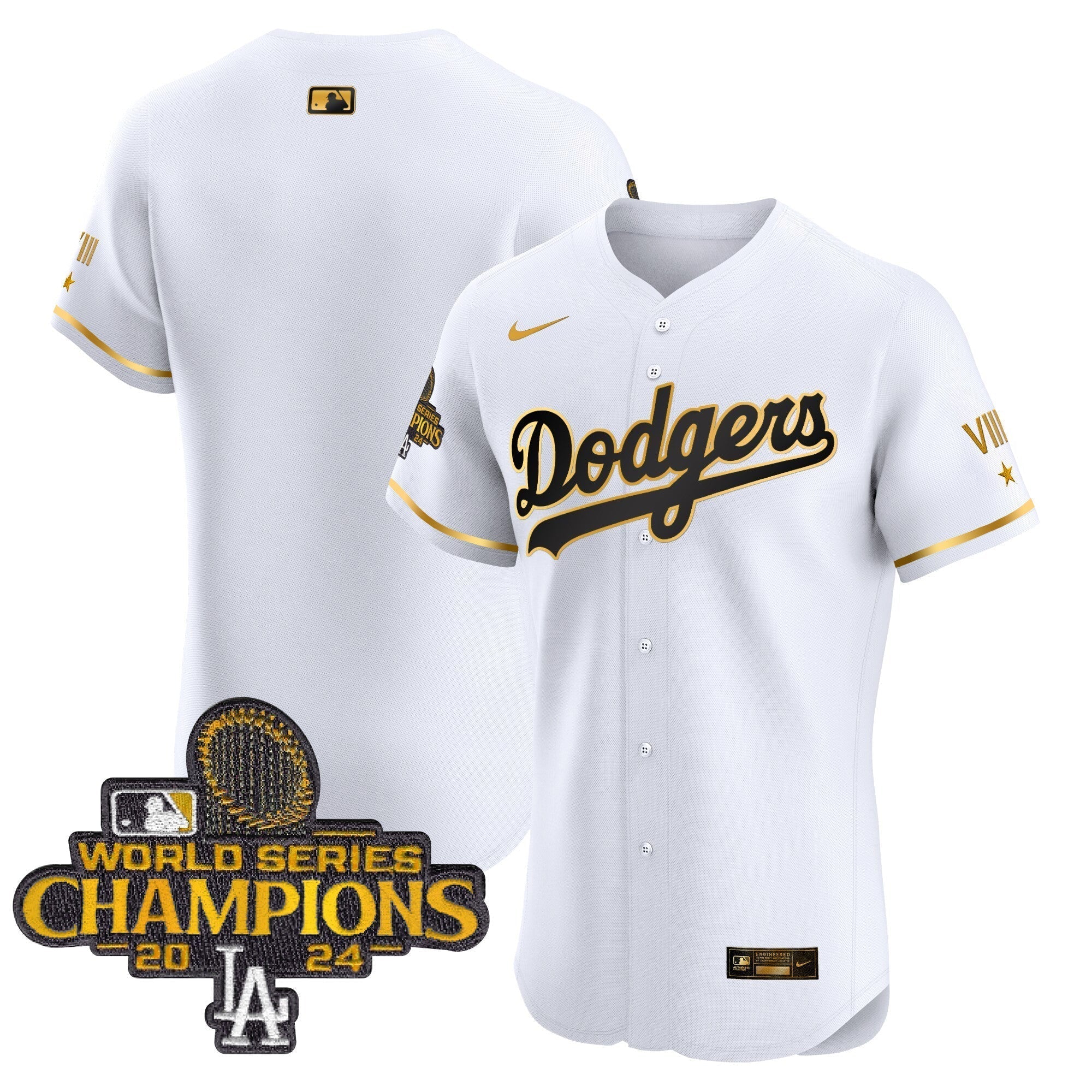 Dodgers 2024 World Series Champions Gold Trim Vapor Premier Elite Jersey V3 - All Stitched