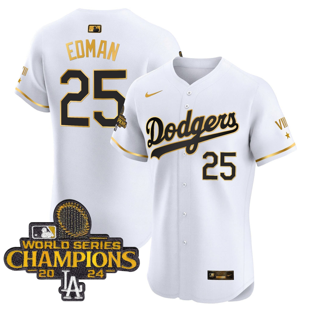 Dodgers 2024 World Series Champions Gold Trim Vapor Premier Elite Jersey V3 - All Stitched
