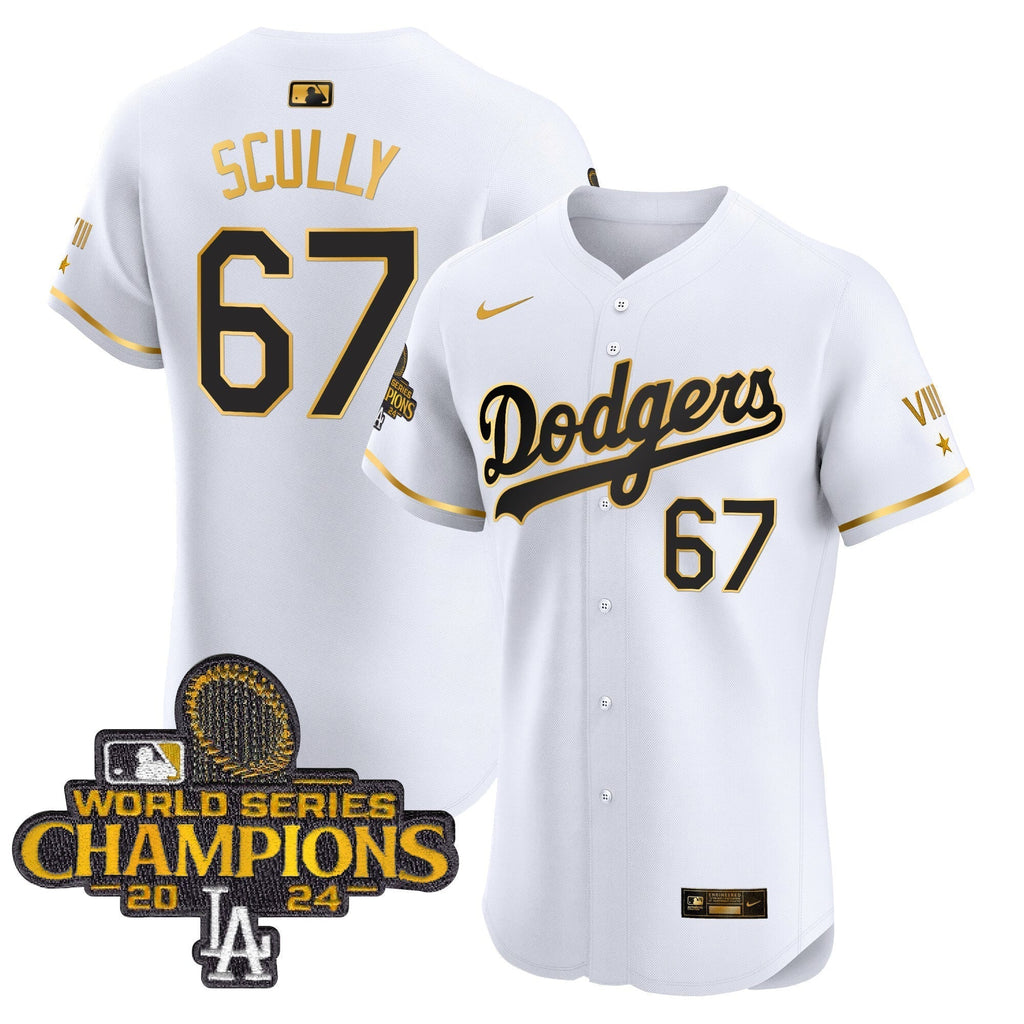 Dodgers 2024 World Series Champions Gold Trim Vapor Premier Elite Jersey V3 - All Stitched