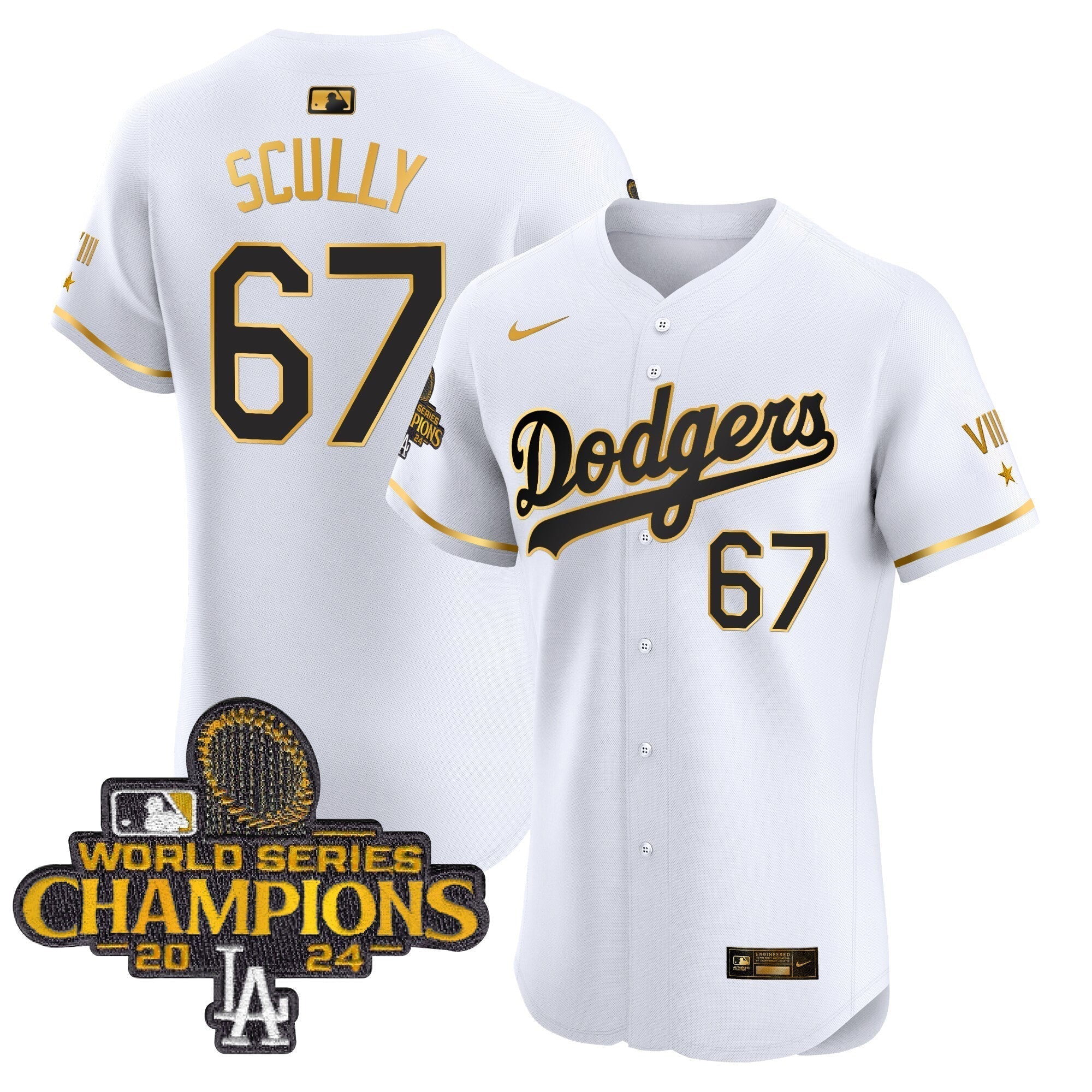 Dodgers 2024 World Series Champions Gold Trim Vapor Premier Elite Jersey V3 - All Stitched