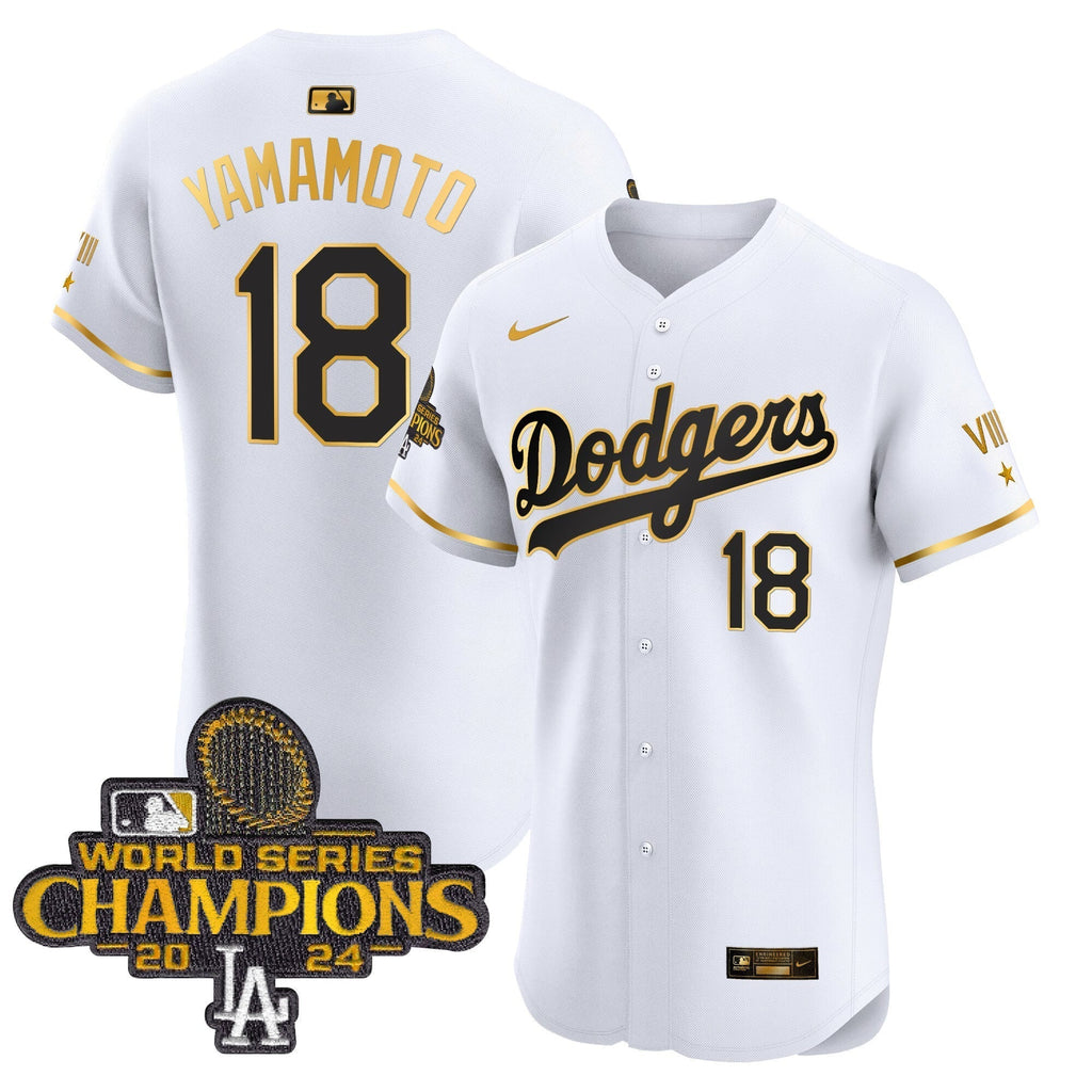 Dodgers 2024 World Series Champions Gold Trim Vapor Premier Elite Jersey V3 - All Stitched