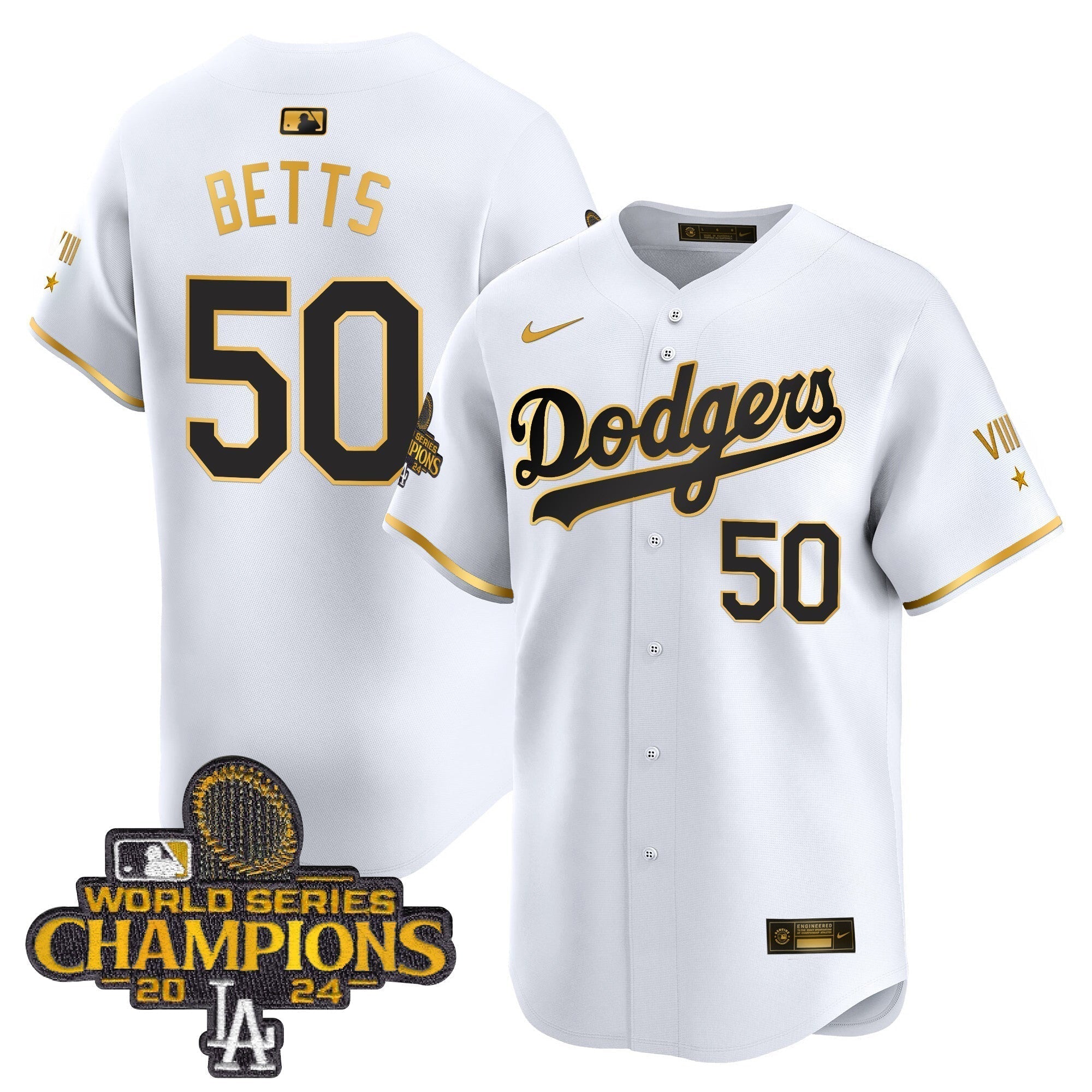Dodgers 2024 World Series Champions Gold Trim Vapor Premier Limited Jersey - All Stitched