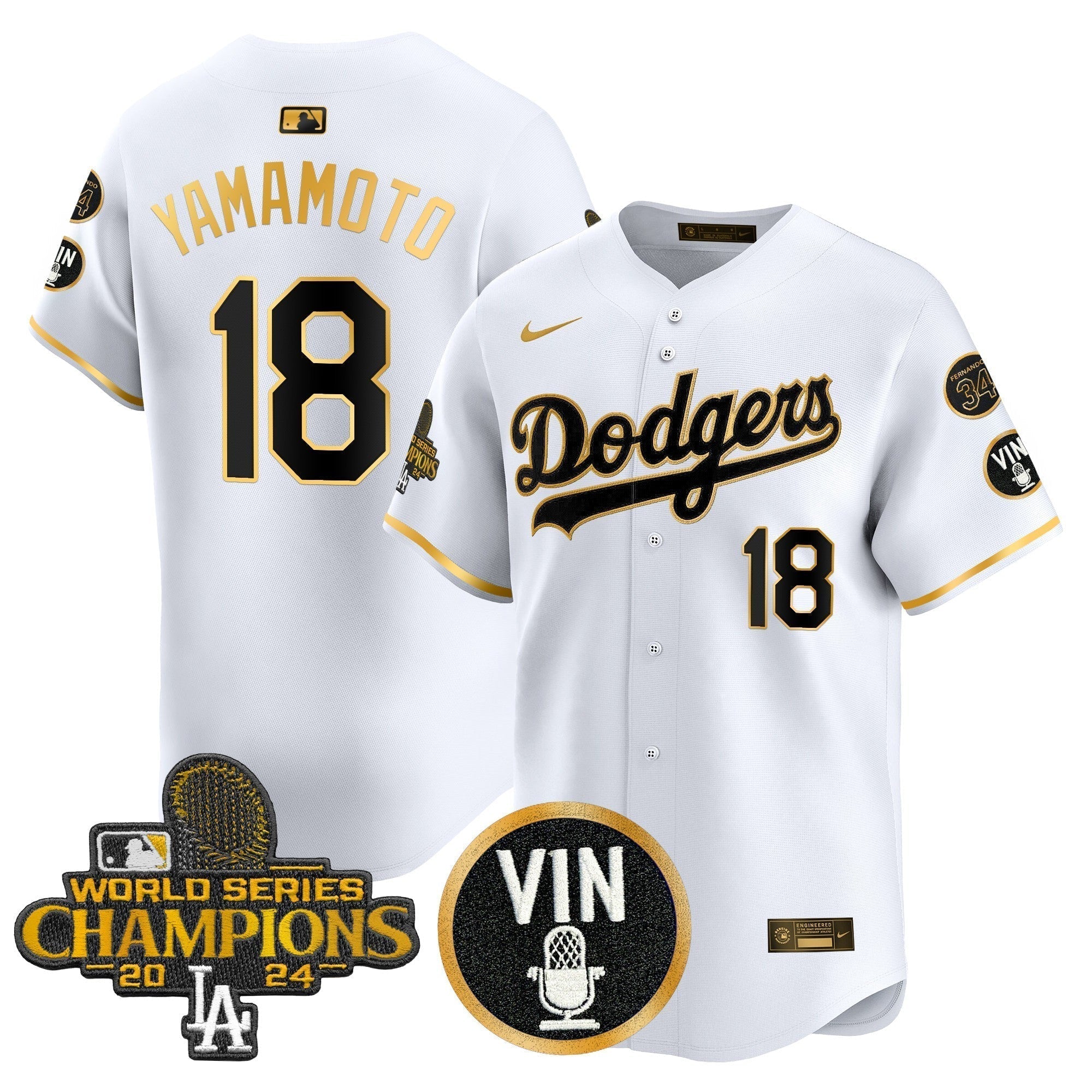 Dodgers 2025 Vin Scully & #34 Fernando Patch Gold Vapor Premier Limited Jersey - All Stitched