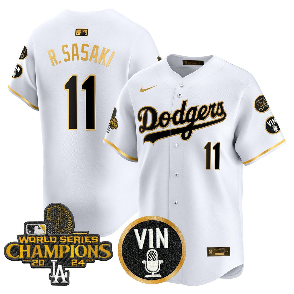 Dodgers 2025 Vin Scully & #34 Fernando Patch Gold Vapor Premier Limited Jersey - All Stitched