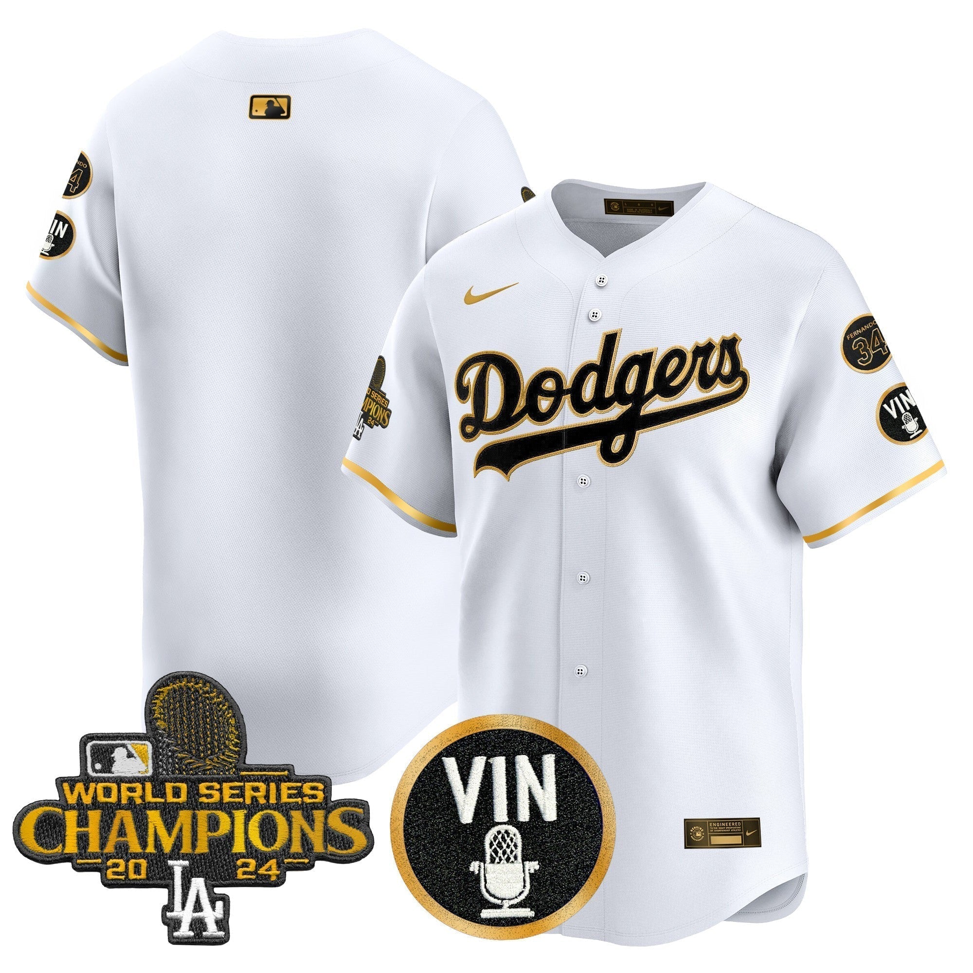 Dodgers 2025 Vin Scully & #34 Fernando Patch Gold Vapor Premier Limited Jersey - All Stitched