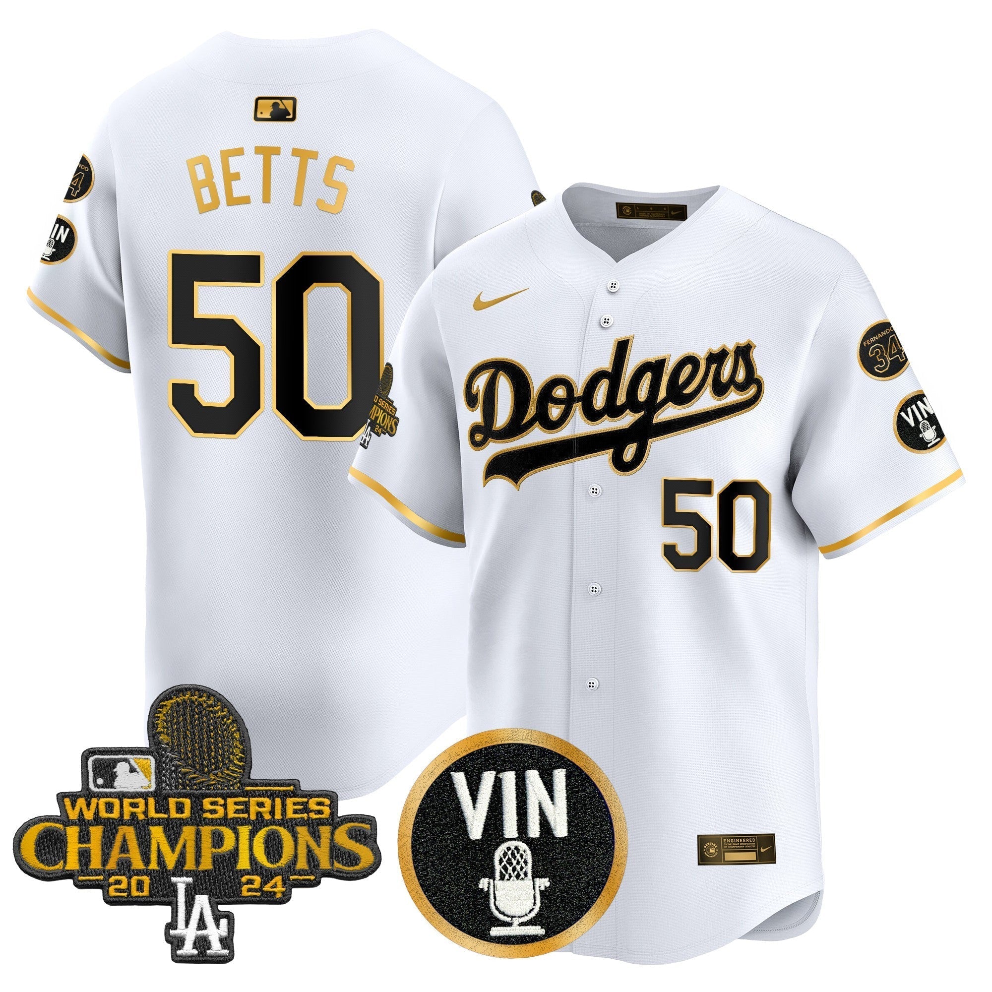 Dodgers 2025 Vin Scully & #34 Fernando Patch Gold Vapor Premier Limited Jersey - All Stitched