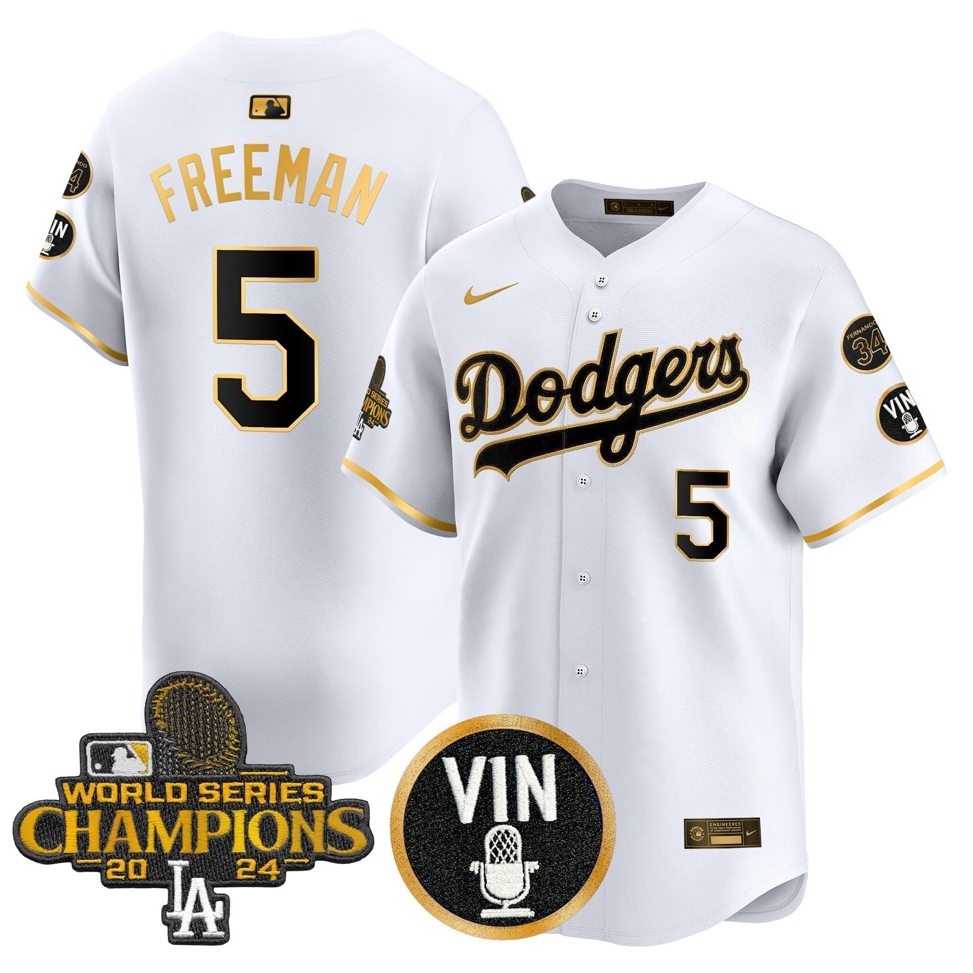 Dodgers 2025 Vin Scully & #34 Fernando Patch Gold Vapor Premier Limited Jersey - All Stitched