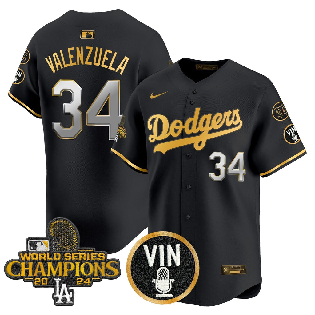 Dodgers 2025 Vin Scully & #34 Fernando Patch Gold Vapor Premier Limited Jersey - All Stitched