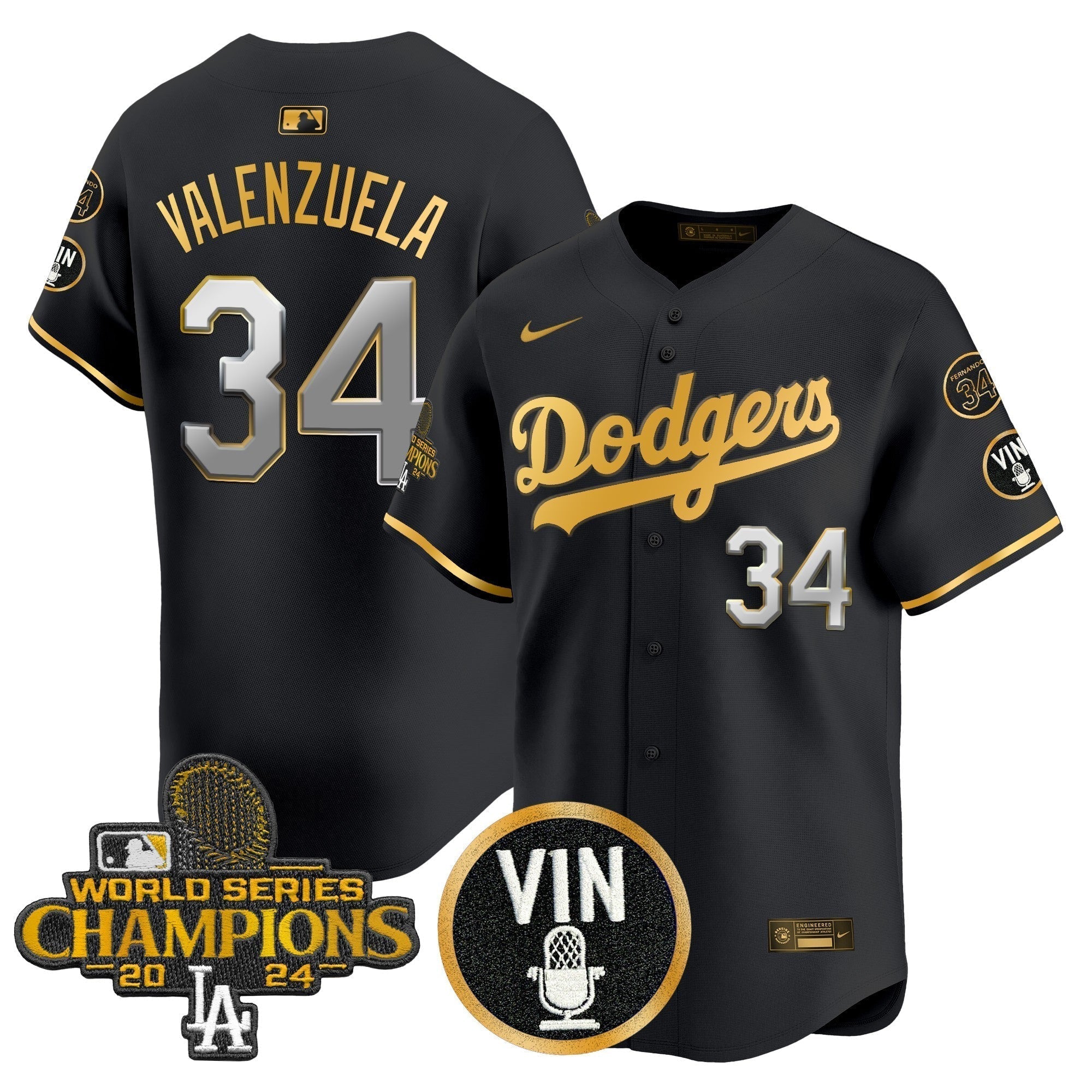 Dodgers 2025 Vin Scully & #34 Fernando Patch Gold Vapor Premier Limited Jersey - All Stitched