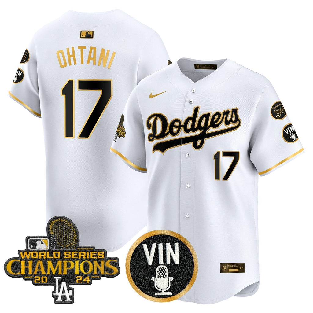 Dodgers 2025 Vin Scully & #34 Fernando Patch Gold Vapor Premier Limited Jersey - All Stitched
