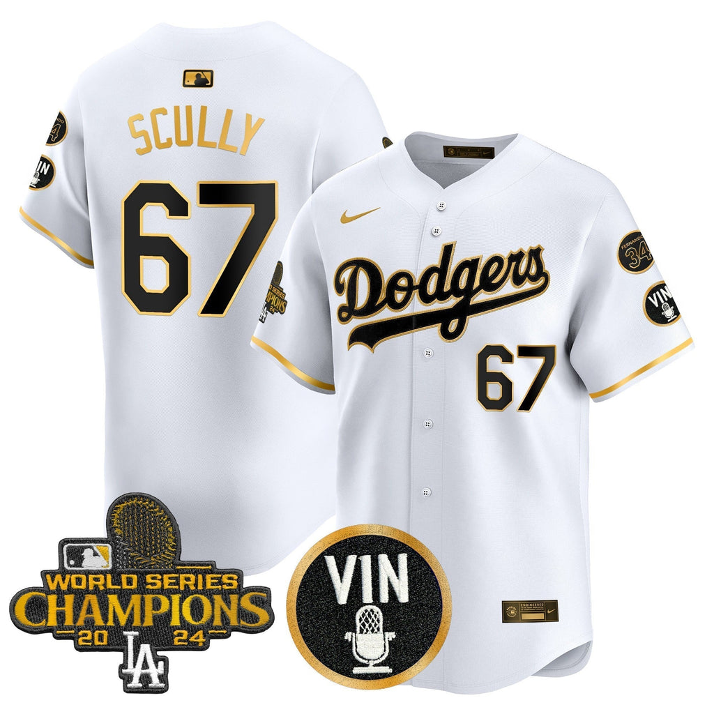 Dodgers 2025 Vin Scully & #34 Fernando Patch Gold Vapor Premier Limited Jersey - All Stitched