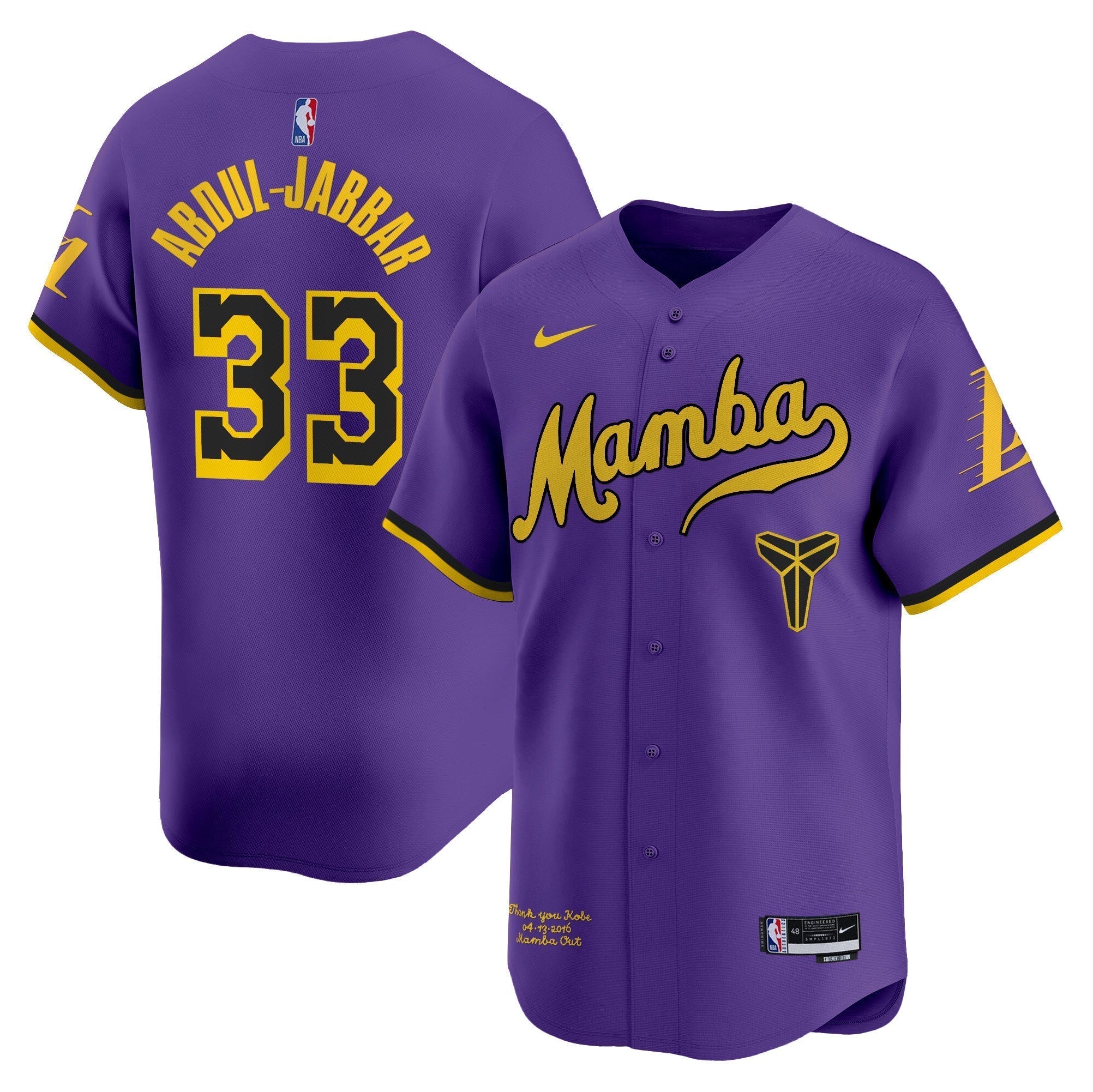 LAL Kobe Bryant Mamba Vapor Baseball Jersey - All Stitched