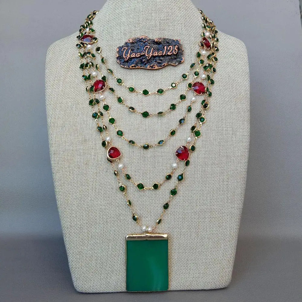 YYGEM  Green Agate Pendant 5 Strands 18'' White Pearl Green red Crystal Chain Necklace handmade vintage party style