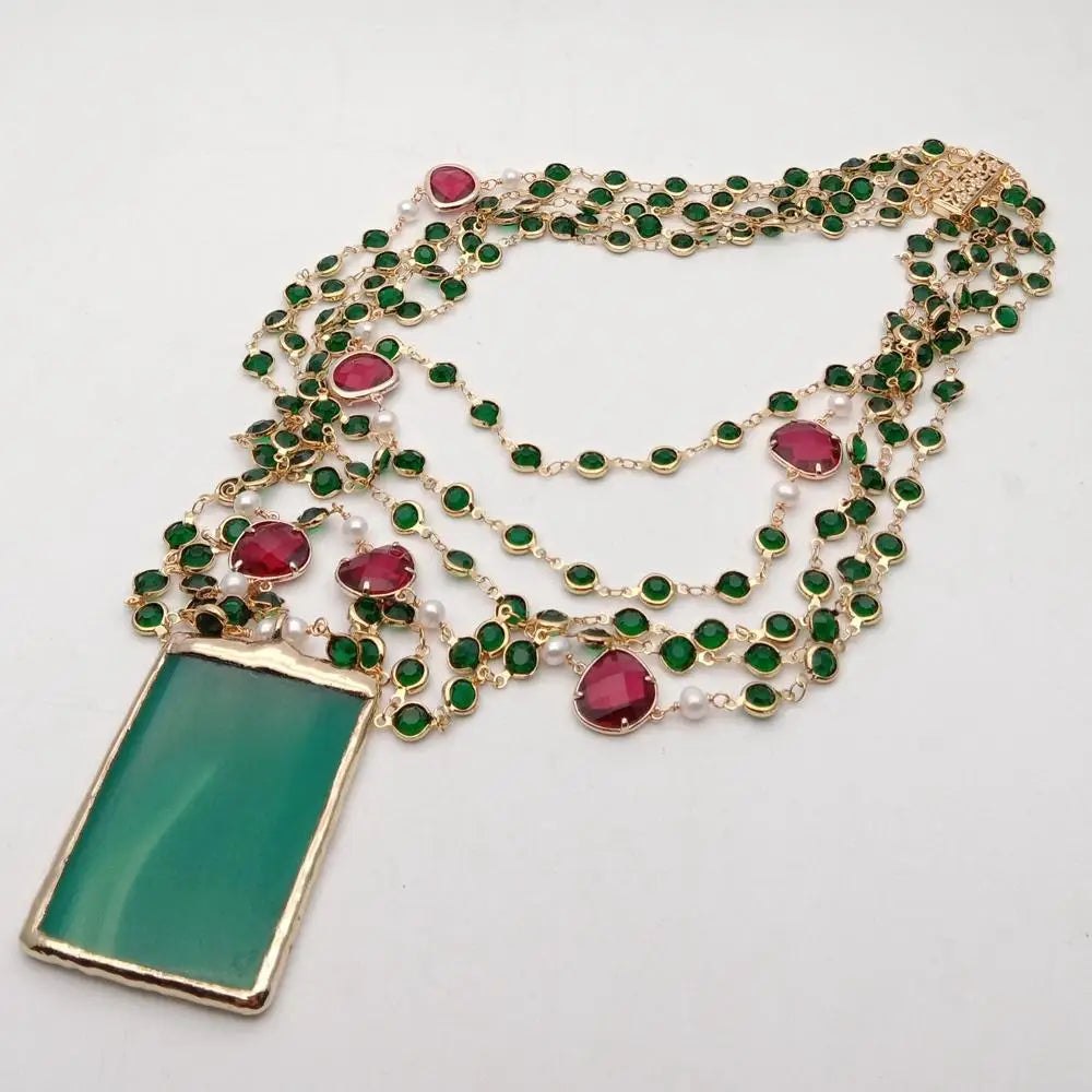 YYGEM  Green Agate Pendant 5 Strands 18'' White Pearl Green red Crystal Chain Necklace handmade vintage party style