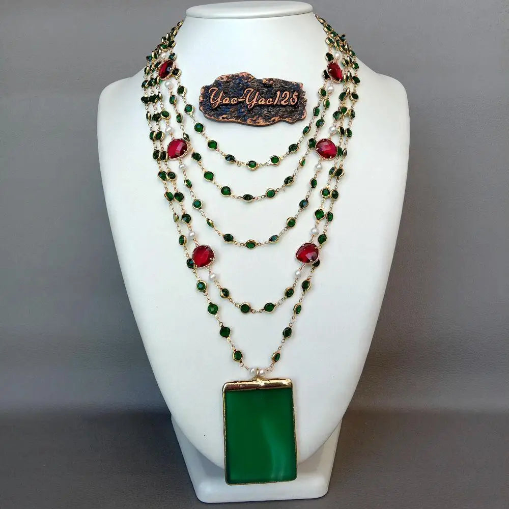 YYGEM  Green Agate Pendant 5 Strands 18'' White Pearl Green red Crystal Chain Necklace handmade vintage party style