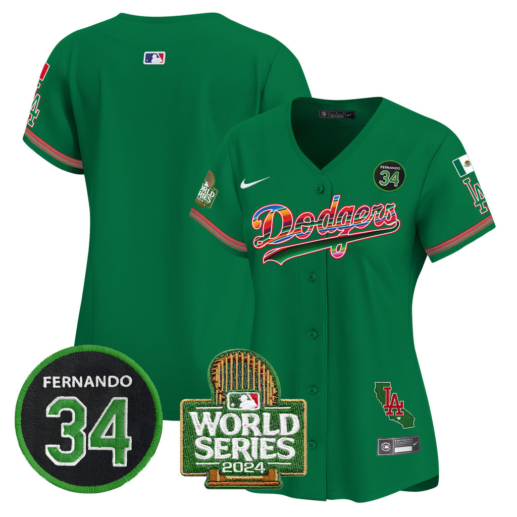 Women's Dodgers Mexico Fernando Memorial & 2024 World Series Patch Vapor Premier Limited Jersey - All Stitched