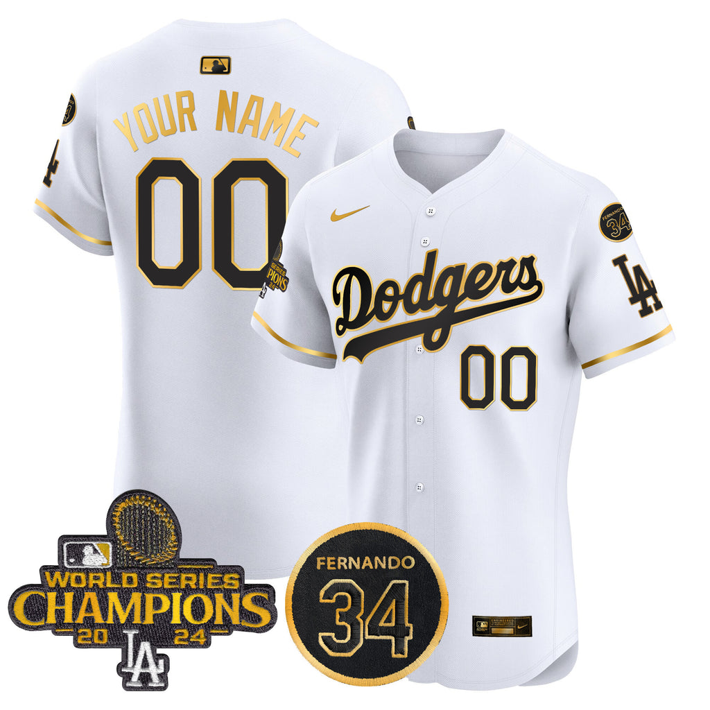 Custom Name/Gender Dodgers 2024 World Series Champions Gold Trim Vapor Premier Elite Jersey V2 - All Stitched