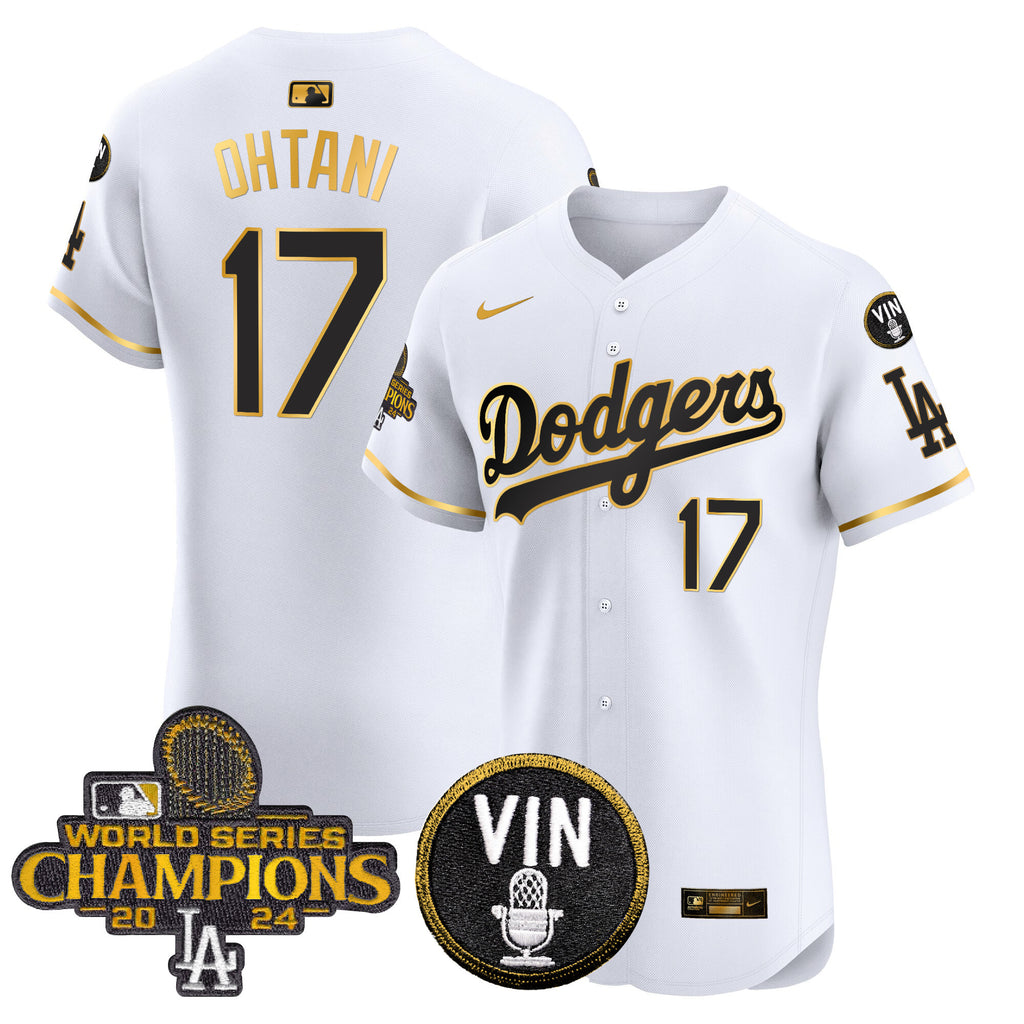 Men's Dodgers 2024 World Series Champions Gold Trim Vapor Premier Elite Jersey - All Stitched