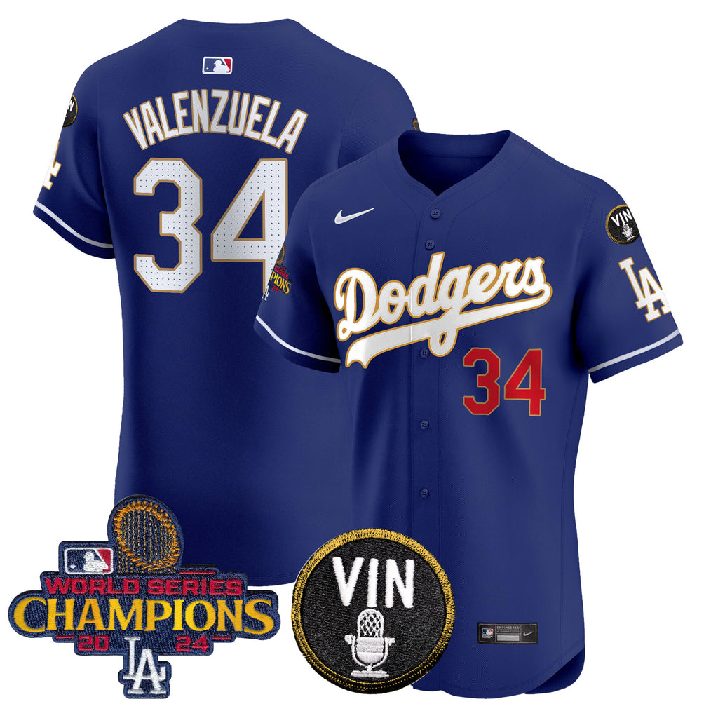 Men's Dodgers 2024 World Series Champions Gold Trim Vapor Premier Elite Jersey - All Stitched