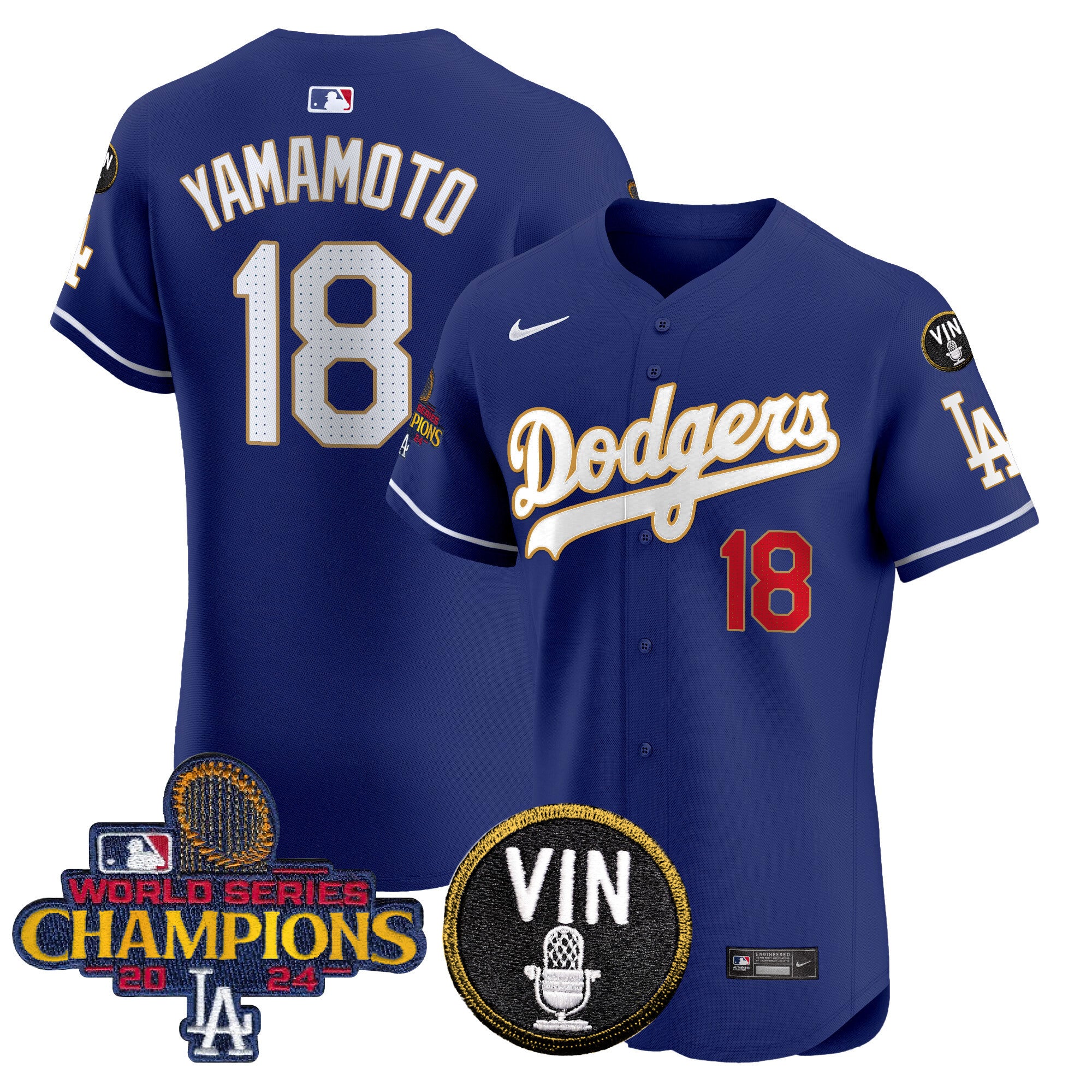 Men's Dodgers 2024 World Series Champions Gold Trim Vapor Premier Elite Jersey - All Stitched