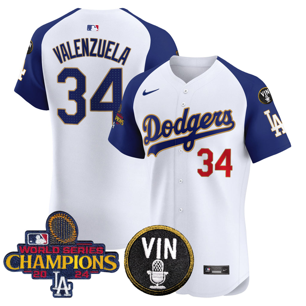 Men's Dodgers 2024 World Series Champions Gold Trim Vapor Premier Elite Jersey - All Stitched