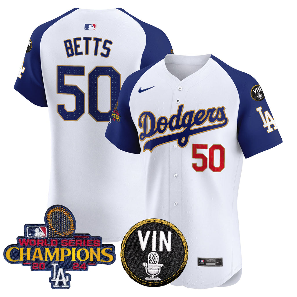 Men's Dodgers 2024 World Series Champions Gold Trim Vapor Premier Elite Jersey - All Stitched