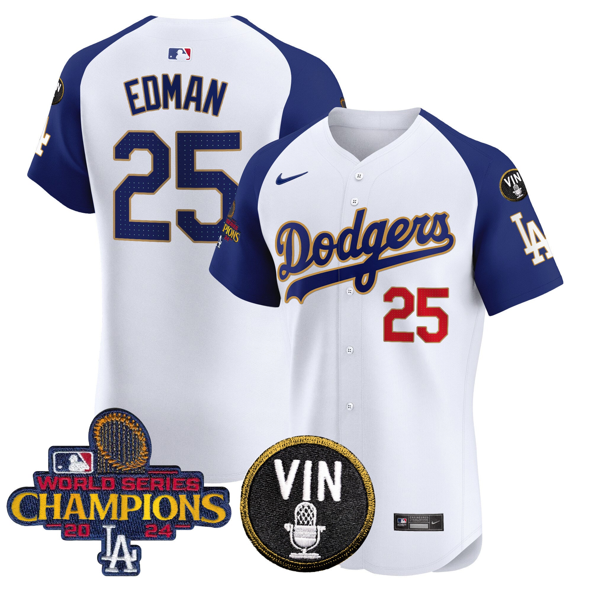 Men's Dodgers 2024 World Series Champions Gold Trim Vapor Premier Elite Jersey - All Stitched