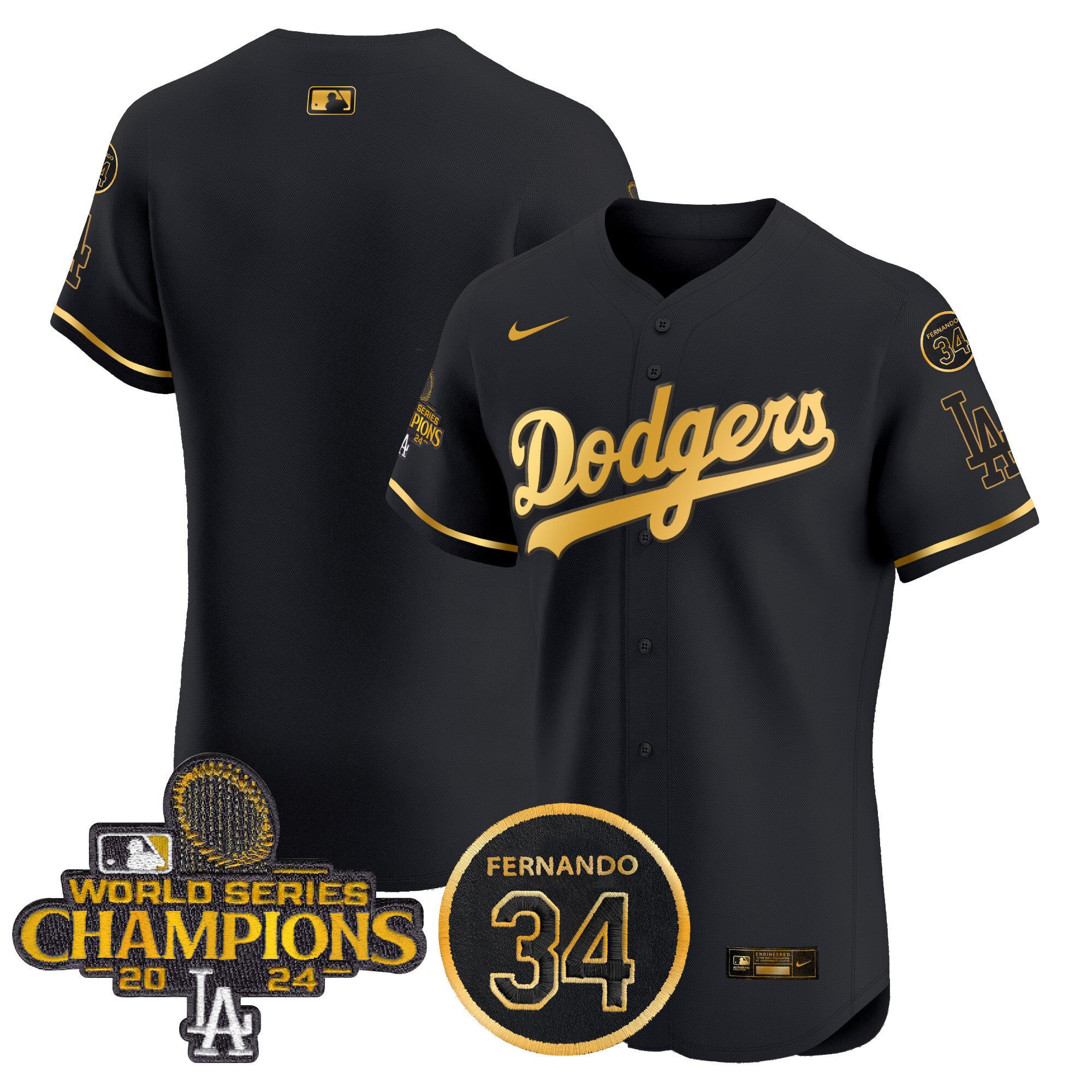 Men's Dodgers 2024 World Series Champions Gold Trim Vapor Premier Elite Jersey V2 - All Stitched