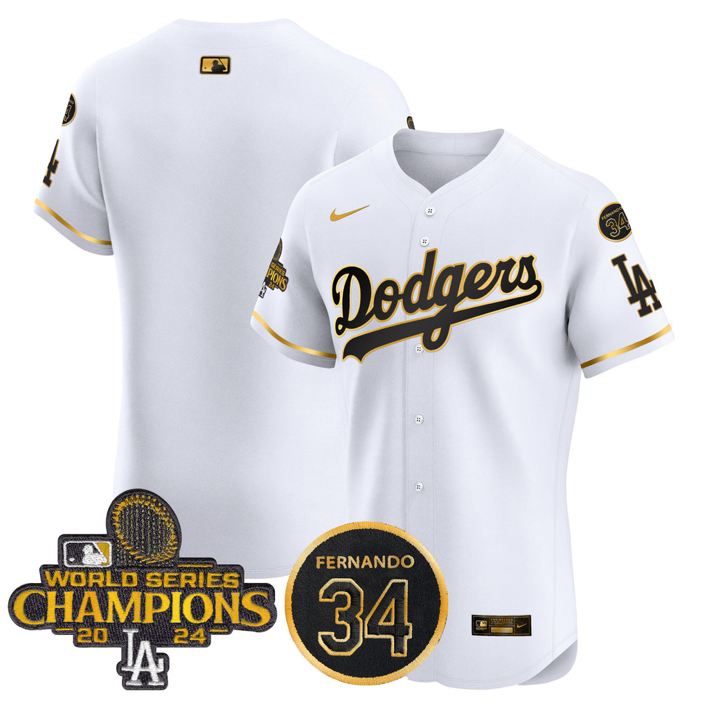 Men's Dodgers 2024 World Series Champions Gold Trim Vapor Premier Elite Jersey V2 - All Stitched