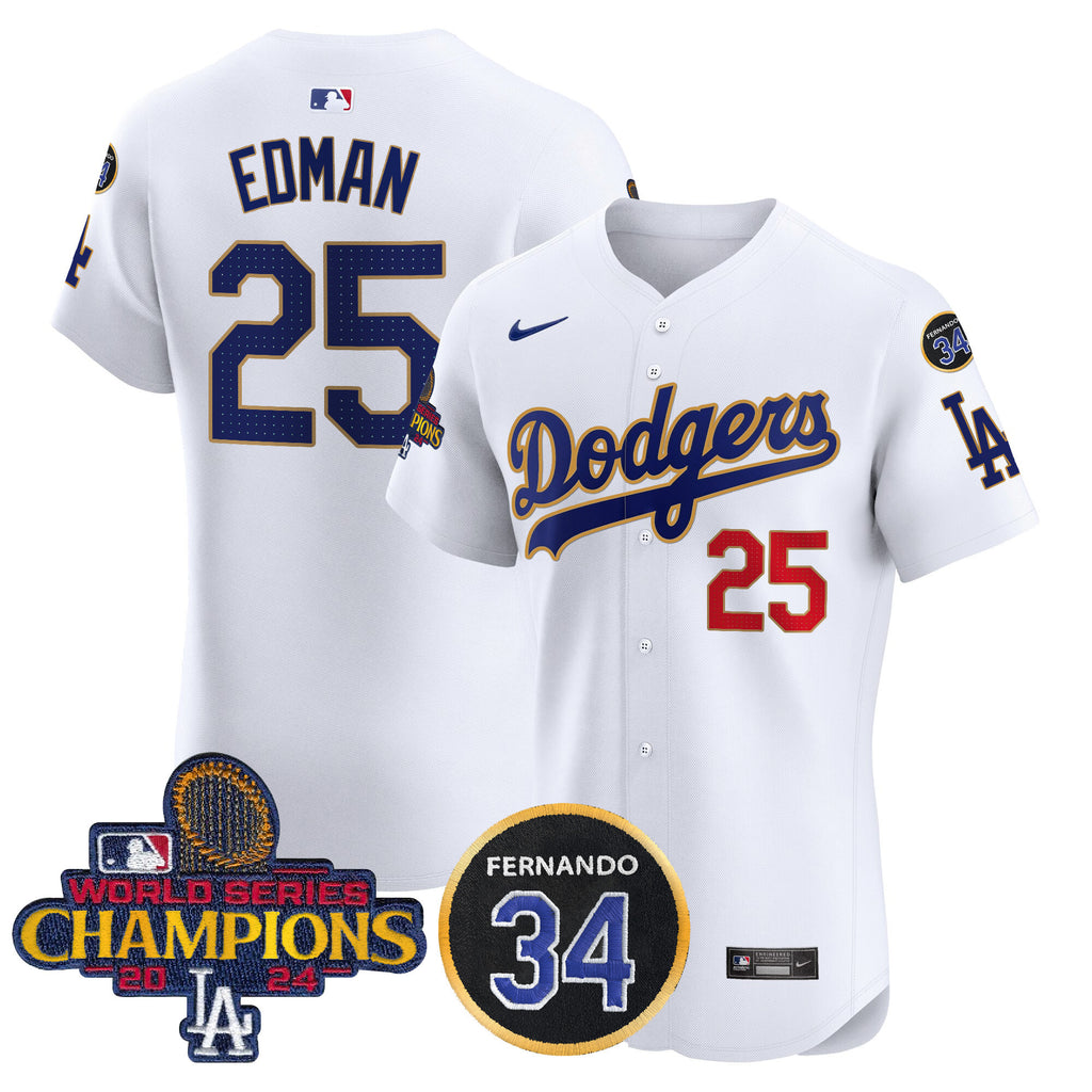 Men's Dodgers 2024 World Series Champions Gold Trim Vapor Premier Elite Jersey V2 - All Stitched