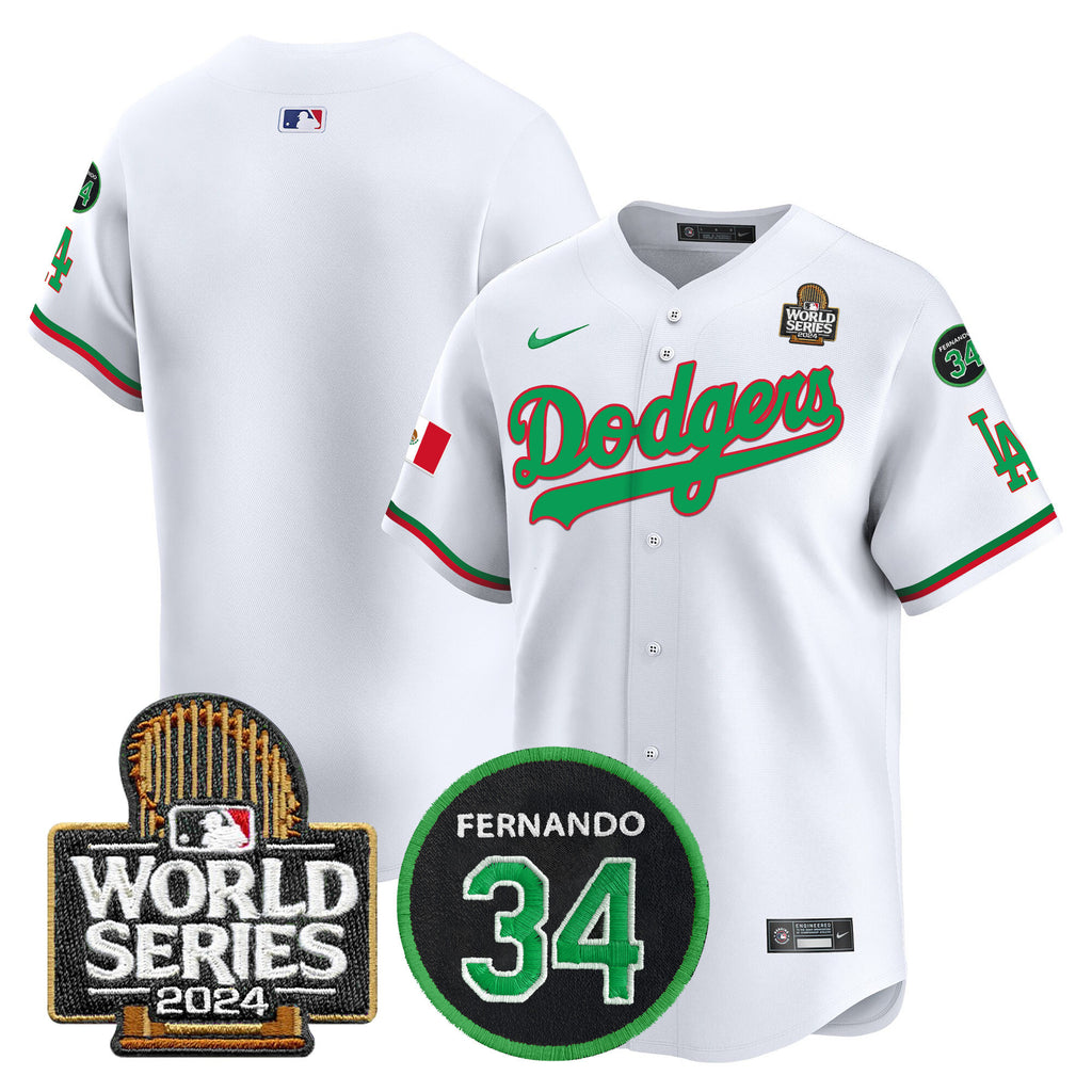 Men's Dodgers Mexico Fernando Memorial & 2024 World Series Patch Vapor Premier Limited Jersey V3 - All Stitched